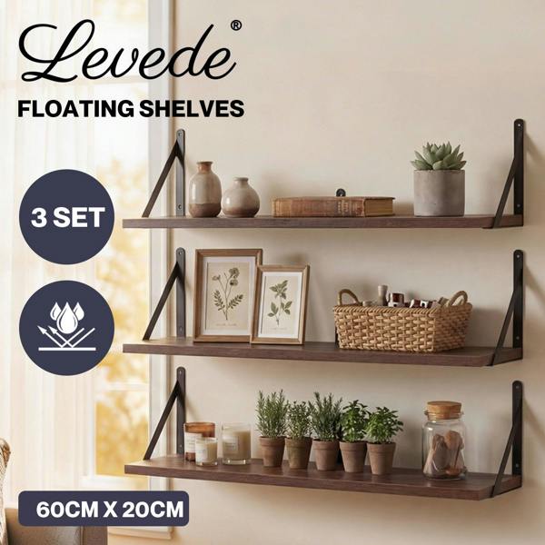 Levede Floating Shelves Wall Wood Rustic with Brackets Vintage Brown Set of 3