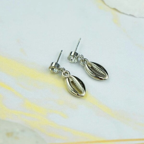 The Colourful Aura Silver Cowrie Charm Beach Sea Shell Zircon Handmade Dangle Drop Studs Earrings
