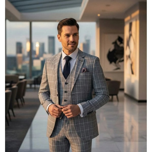 TruClothing IM11 - Men's Light Blue 3 Piece Plaid Check Suit