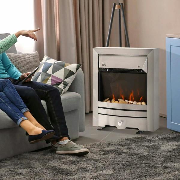 Stainless steel electric fireplace heater with LED flame effect and front control knob