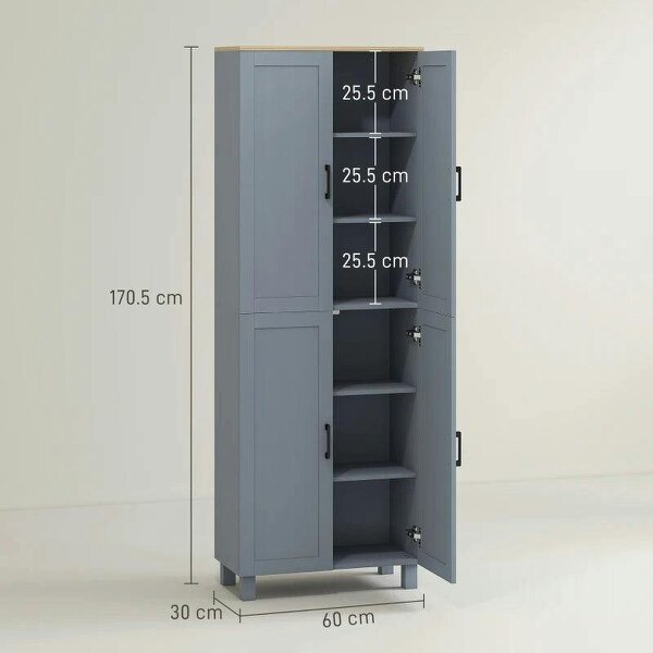 Freestanding Kitchen Cupboard, 4-Door Storage Cabinet with Adjustable Shelves, Modern Kitchen Pantry, 170cm, Grey