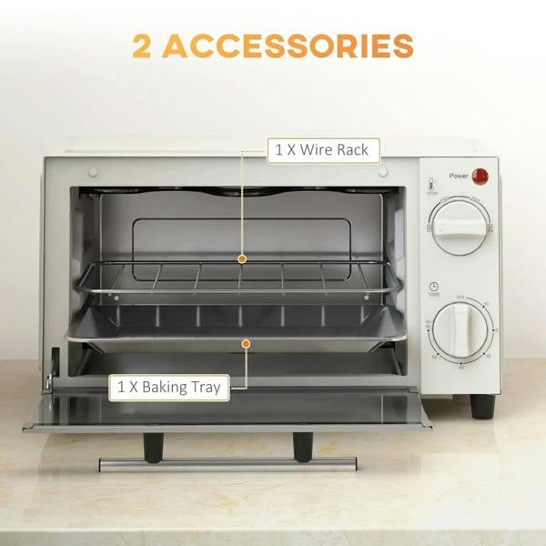 Cream mini oven open door with wire rack and baking tray inside