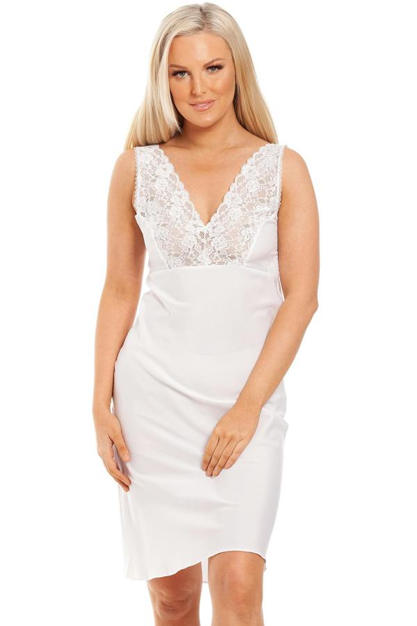 Camille Women's Full Slip Chemise Dress in White Lace Elegant Nightwear