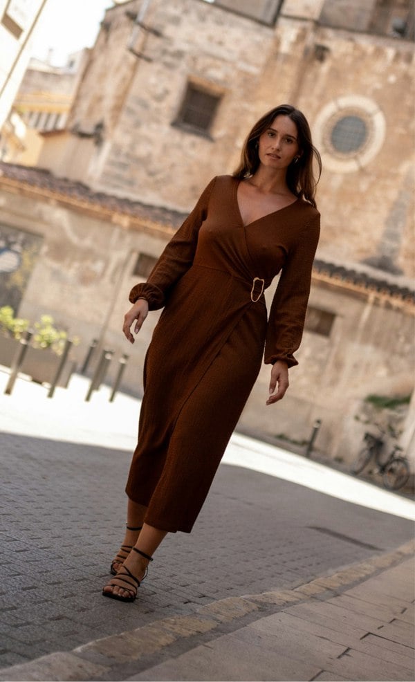 Gini London Brown Jersey Texture Wrap Metal Trim Midi Dress