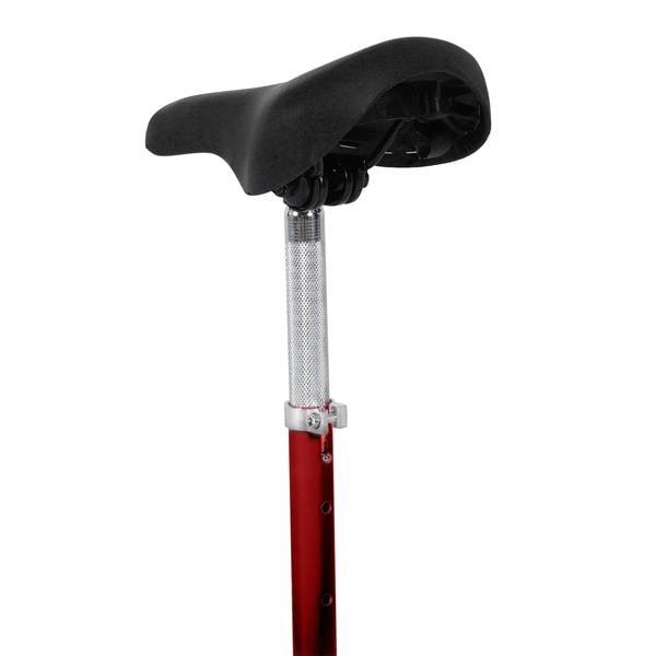 Black padded scooter seat on a red post with silver stem hardware