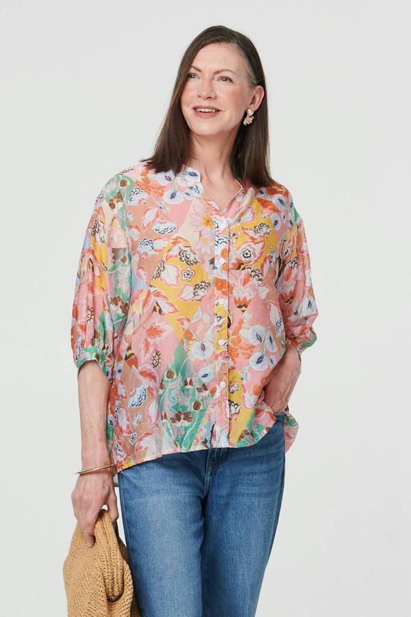 Pink | Abstract Curved Hem 3/4 Sleeve Blouse