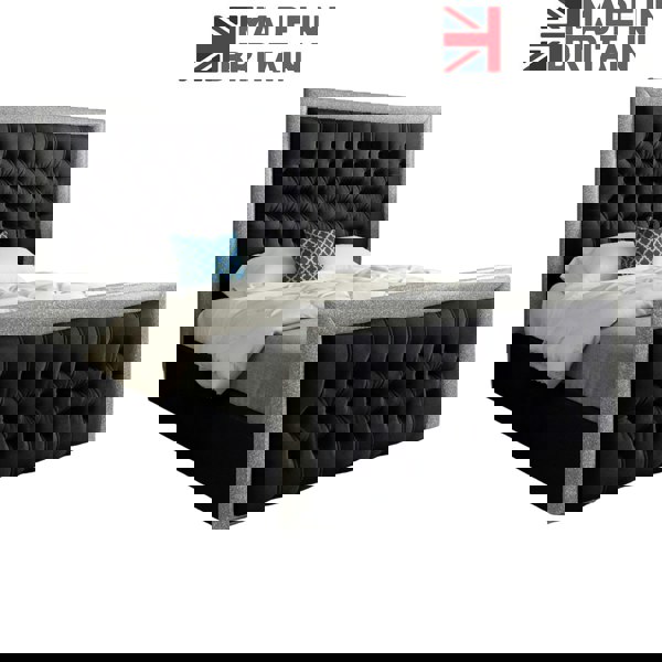 Casa Magna Venice Glitter Border Upholstered Soft Velvet Bed Frame - Black