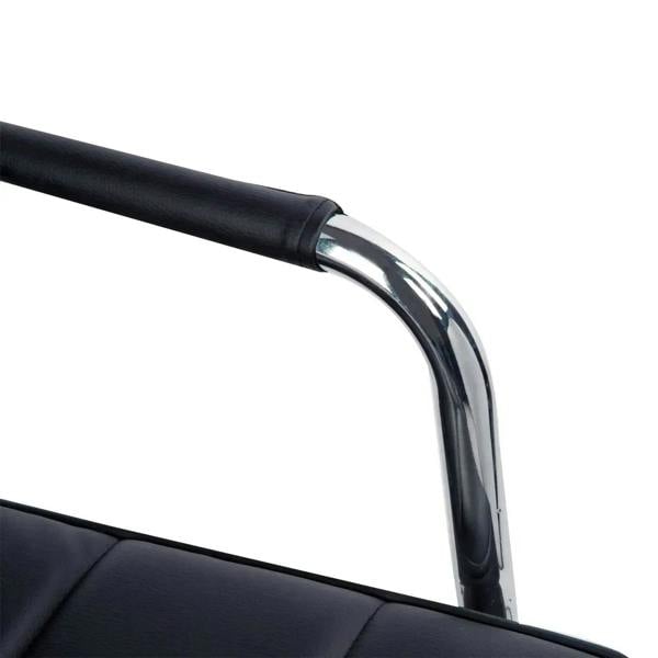 Black armrest with chrome support tube on a rolling office chair