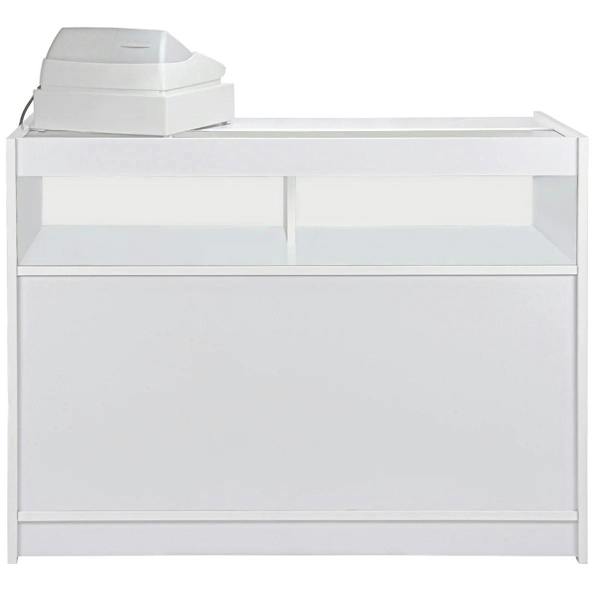 Brilliant white retail shop counter with sleek design, two open shelves, and a cash register on top, ideal for modern stores