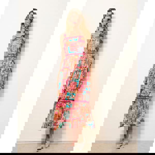 Blue Vanilla Ric Rac Trim Postcard Print Dress