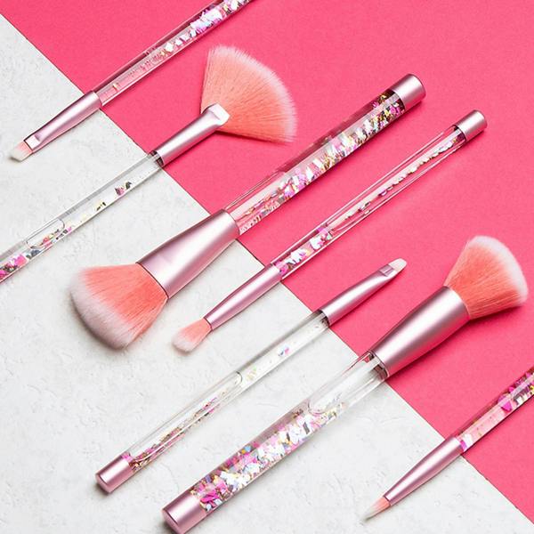 Aquarius Makeup Brush Set 7 Piece Pink Liquid Glitter Handle Beauty Collection
