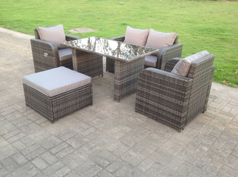 Fimous Rattan Garden Furniture Set Adjustable Chair Sofa Double Love Seat 2 Seater Sofa Oblong Black Glass Dining Table