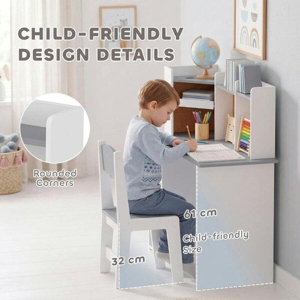 Kids Desk and Chair Set Storage Shelves Kids Desk Adjustable Tablet Stand Cork Board Pen Holder Grey