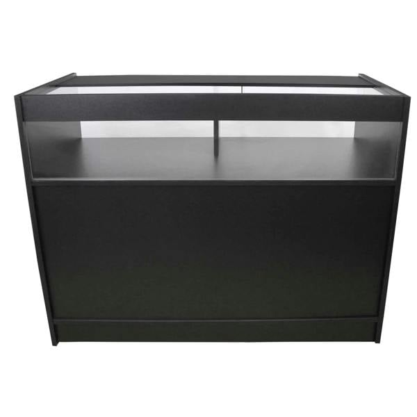 B1200 retail shop counter in sleek black finish with glass display top, modern design, and spacious storage area for merchandise