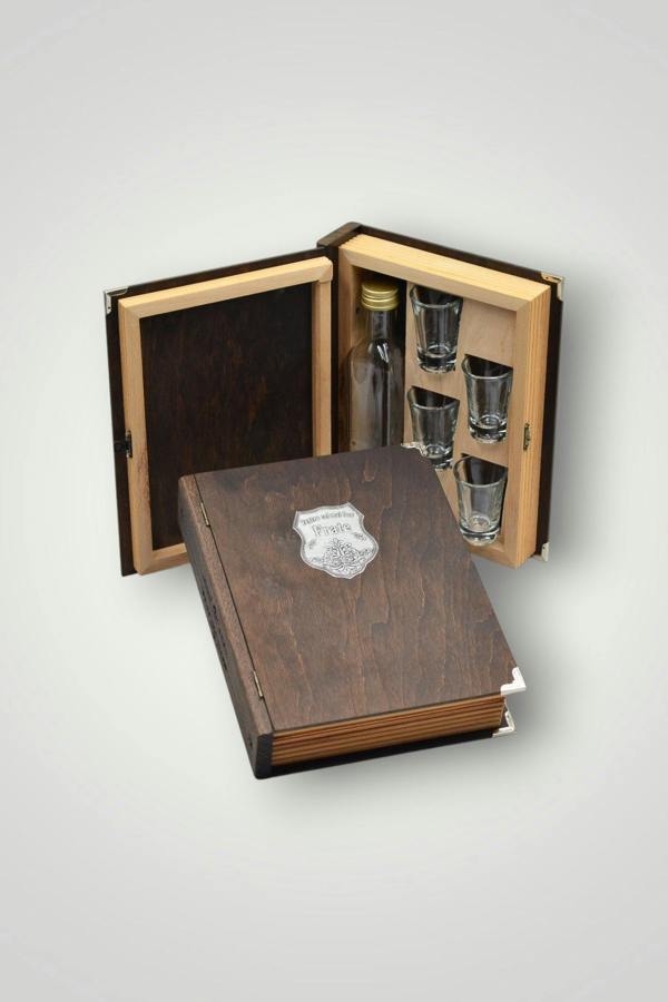 Bottle and glasses in a wooden book case gift set Brother