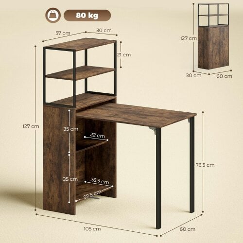 Wyld Haus Serana 105cm Wooden Brown Folding Work Table With Integrated Shelving
