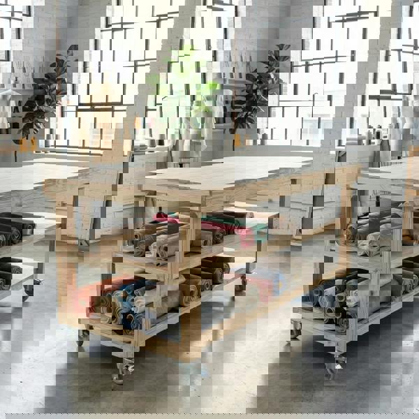 Arbor Garden Solutions Wooden Workbench Eucalyptus Hardwood Top Depth-4ft Double Shelf and Wheels