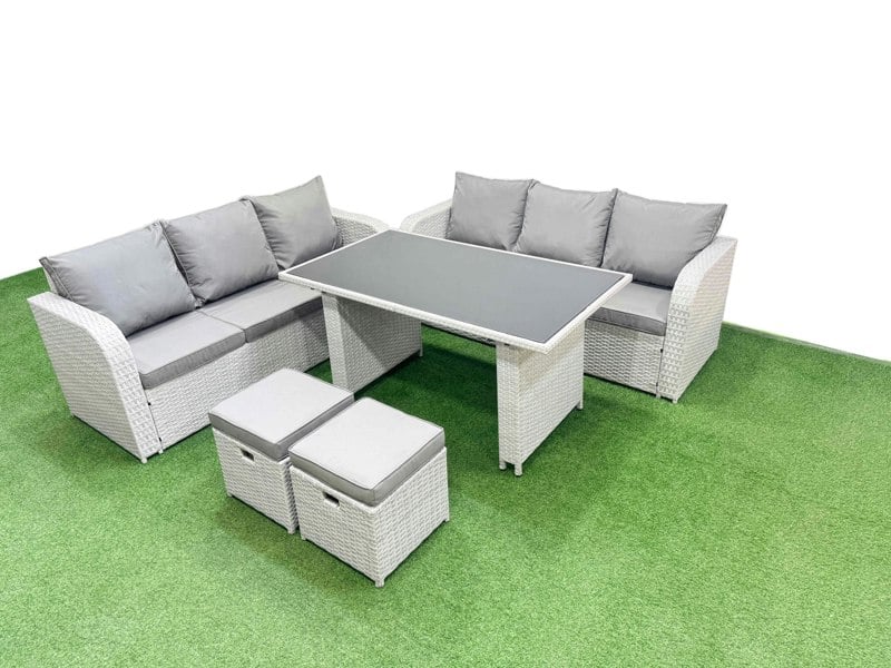 Fimous 8 Seater Rattan Outdoor Dining Table 3 Seater Sofa Set with 2 Small Stools Light Grey