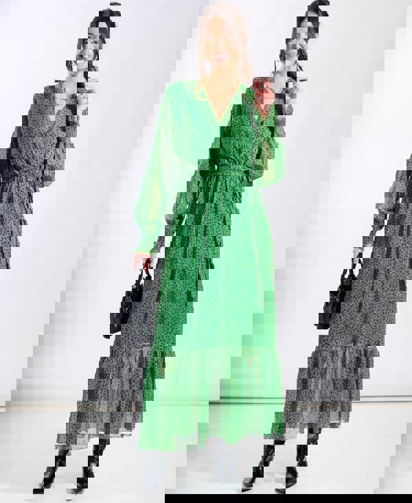 Green Long Sleeve Belted Maxi Dress