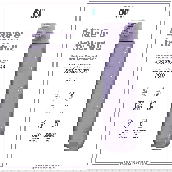 A lavender water bottle sits against a white background. The bottle is made from Recyclon™, a plant-based polymer, and displays volume markings. Marketing text highlights its carbon-neutral and BPA-free attributes.