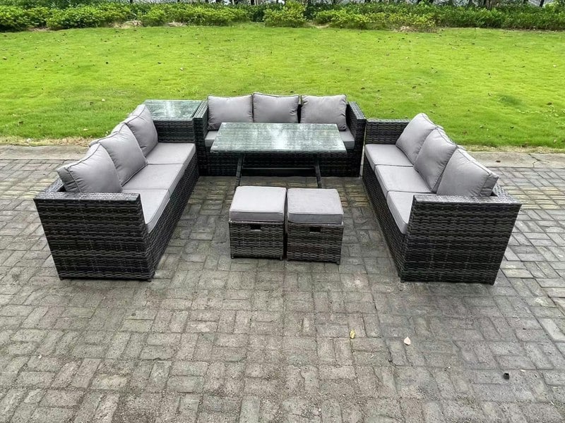 Fimous Rattan Outdoor Furniture Lounge Sofa Garden Dining Set with Dining Table Side Table 2 Small Footstools 11 Seater Dark Grey Mixed
