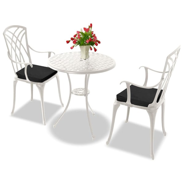 Centurion Supports OSHOWA Luxurious Garden and Patio Table and 2 Large Chairs with Armrests Cast Aluminium Bistro Set - White with Black Cushions