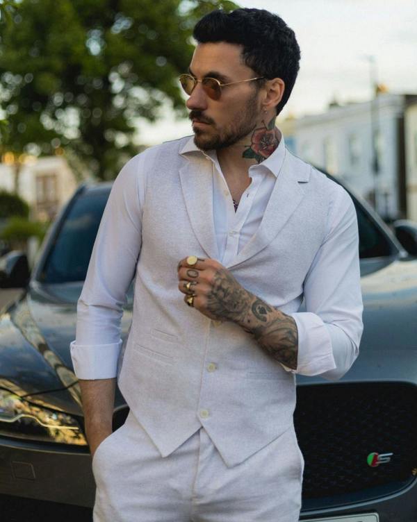 Infinity Leather Men's Summer 2 Piece Suit Linen Formal Grey Waistcoat Trousers