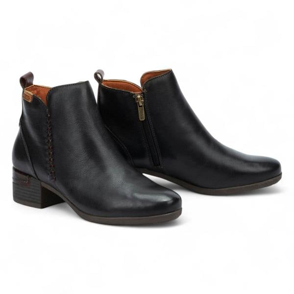 Pikolinos Women's Pikolinos Malaga Black Leather Ankle Bootie Zip Mid-Heel Everyday Boots