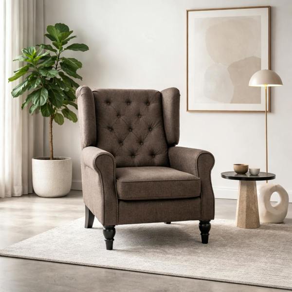 Wyld Haus Mizi Fabric Brown Wingback Accent Chair With Button Tufted Upholstery