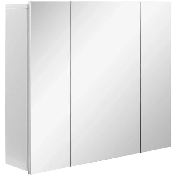 White wall-mounted mirror cabinet with three mirrored doors and flush frame