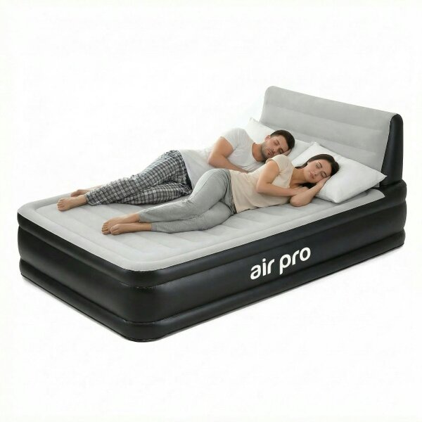 AIR PRO Inflatable Air Mattress with Headboard & Built-In Electric Pump - Double - Black