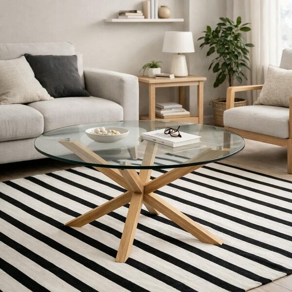 Wyld Haus Perth Smoked Glass Round Coffee Table Natural Oak Effect Legs