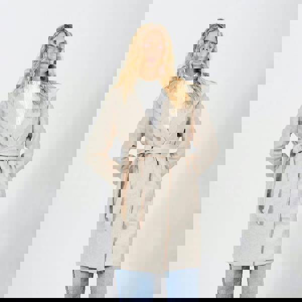 Brave Soul Beige Longline Hooded Coat with Belt - Beige Image 1