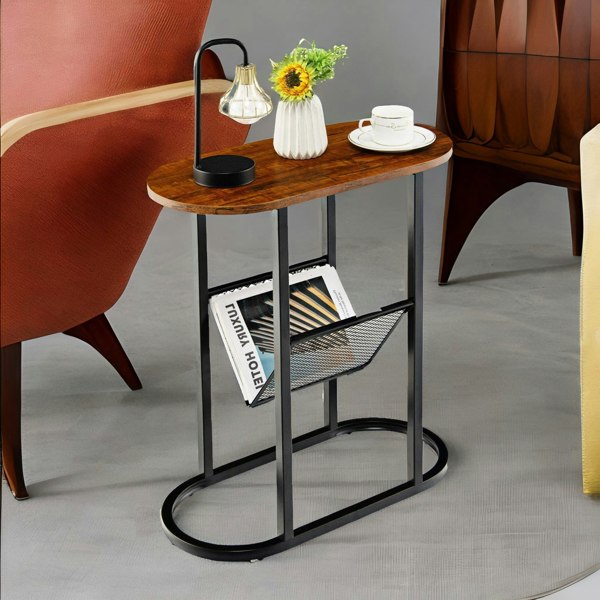 Rafaelo Mobilia Industrial Side Table With Mesh Magazine Holder Rustic Brown