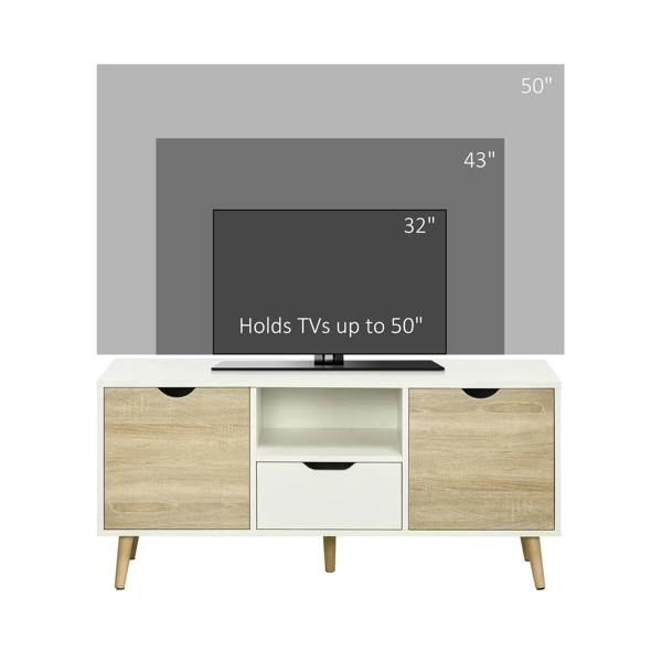 TV unit cabinet with two storage doors and center drawer, natural wood-effect finish.