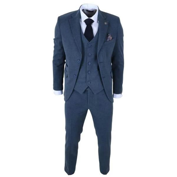 TruClothing IM40 - Men's Blue 3 Piece Tweed Herringbone Suits