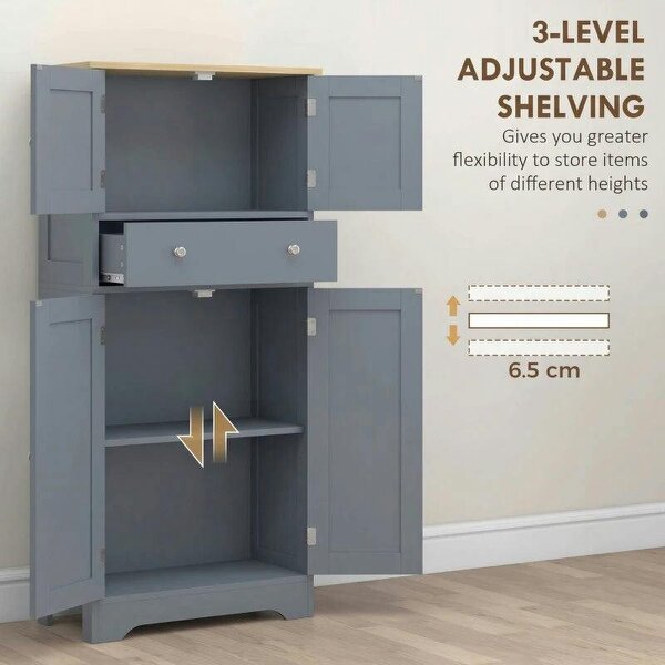 Kitchen Cupboard, Modern Freestanding Kitchen Storage Cabinet with Doors and Shelves, Grey Blue