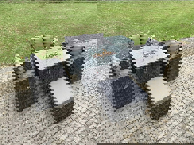 Fimous Rattan Outdoor Garden Furniture Set Gas Fire Pit Dining Table with Side Table Chair Love seat Sofa Footstool