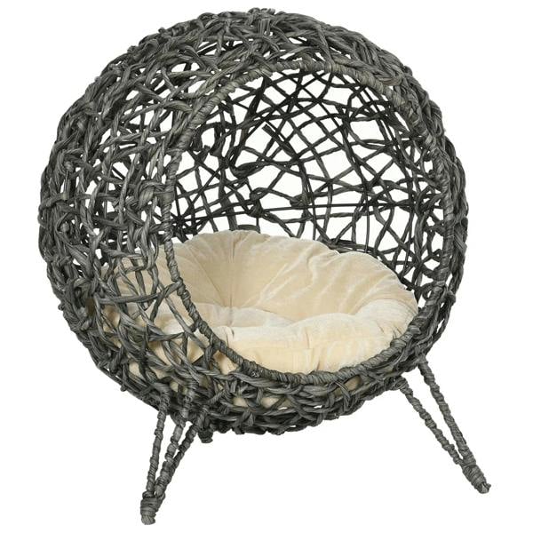 Grey rattan cat bed house basket with cream removable cushion, round cocoon style