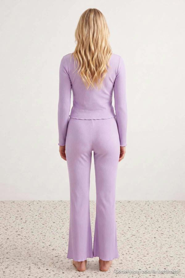 V Neck Long Sleeve Lace Detail Ribbed Pyjama Set