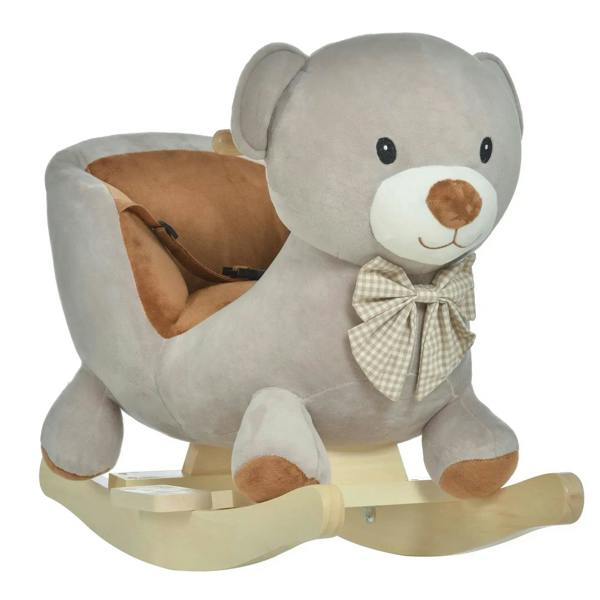 Grey plush bear rocking ride-on with brown seat and padded arms, wooden base