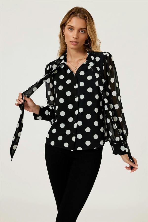 FS Collection Dot Print Tie Detail long sleeve Blouse Top In Black