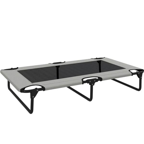 Light grey elevated dog bed cot with dark mesh and black folding legs for large dogs
