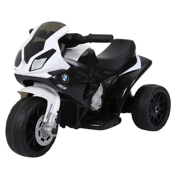 Kids electric ride-on motorbike, black-and-white BMW R2 design with chunky wheels and seat.
