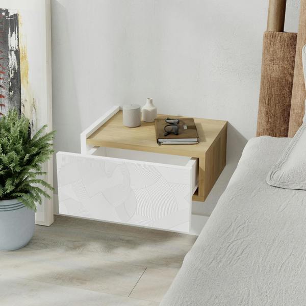 Decortie Floating Bedside Table w/Drawer, Underneath LED Light Handleless Modern Nightstand Wall-Mounted Storage