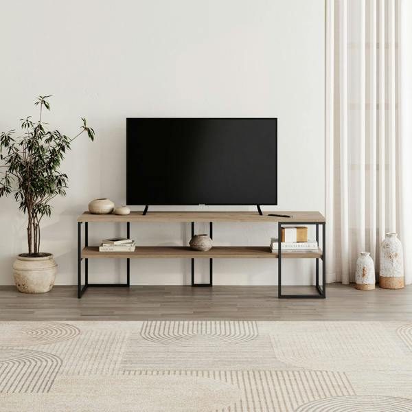 Decortie Modern TV Unit 140cm Open Shelf Design w/Plywood Edge, Black Metal Frames TV Stand up to 55' TVs Living Room