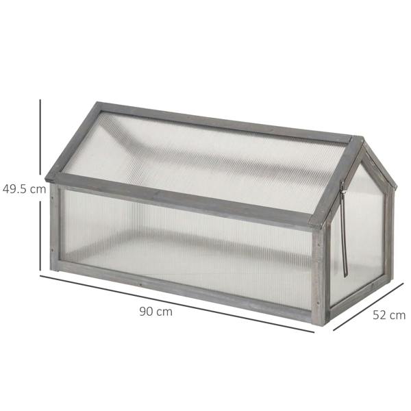 Grey cold frame greenhouse with clear polycarbonate sides and hinged open cover