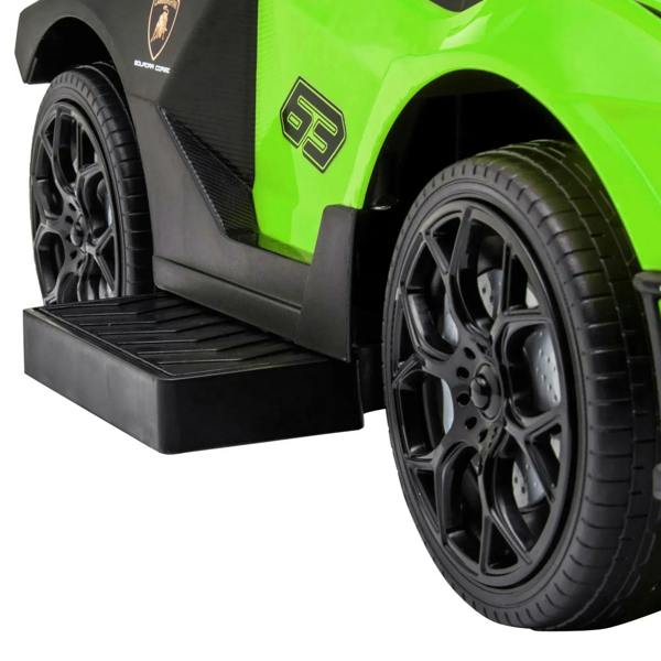 Green kids Lamborghini ride-on with front tire, wheel design, and side foot pedal