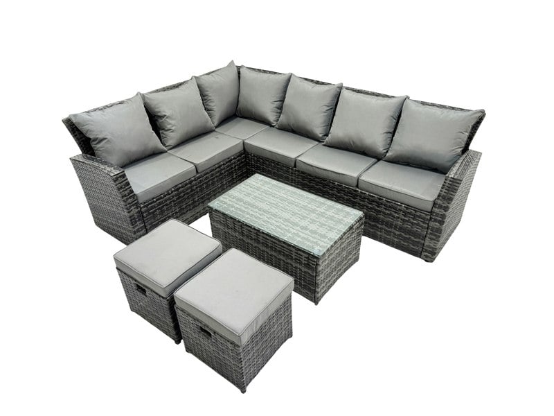 Fimous 8 Seater High Back Rattan Garden Furniture Set Corner Sofa With Oblong Coffee Table Footstool