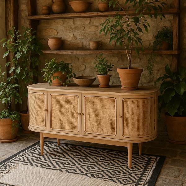 Wyld Haus Chicago Cane Rattan and Natural Mango Wood 4 Doors Sideboard
